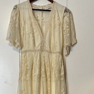Bella Ella Boho Maxi Dress Medium Ivory Lace Sheer V-Neck Lined Cottagecore Love